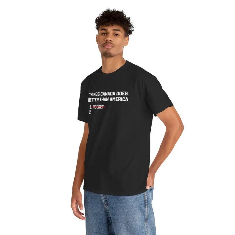 Hockey Tshirt, “USA vs Canada Ice Hockey Tshirt, Funny ‘Things Canada Does Better’ (Hockey Crossed Out)
