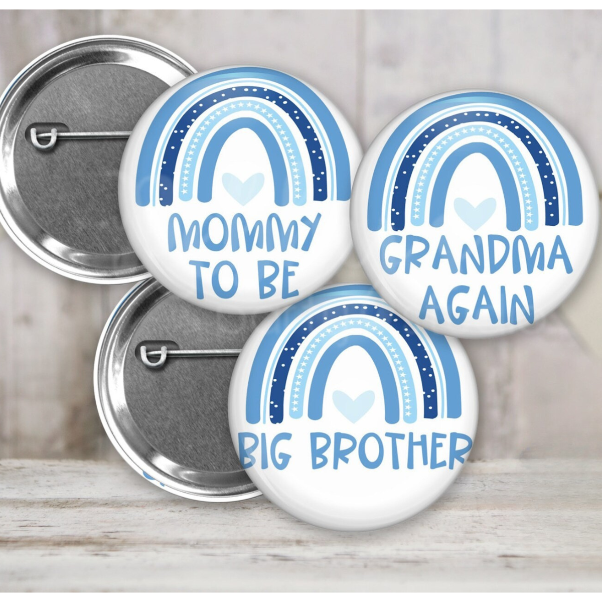 Blue Boho Rainbow Baby Shower Pin Button, Personalized Family Pinback